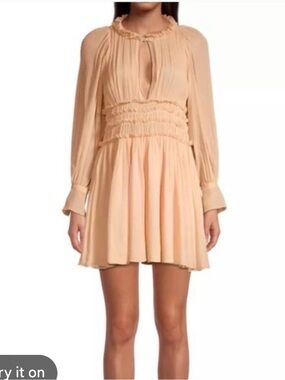 Rebecca Taylor Peach Long-Sleeve Smocked Waist Mini Dress